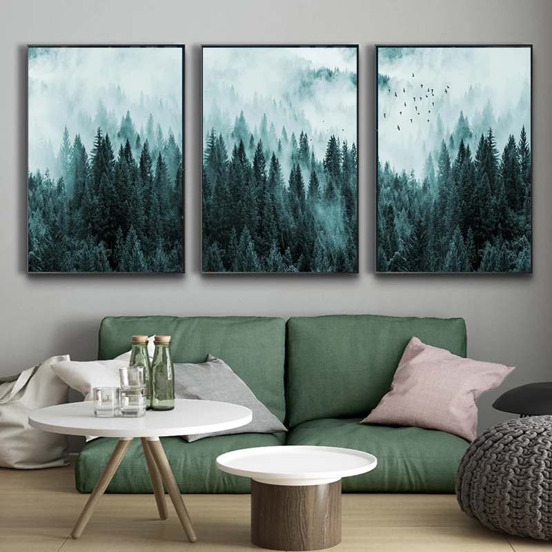

Минималистичная Картина на холсте в скандинавском стиле с изображением туманного соснового леса, темный пейзаж, фотография с туманным офор...