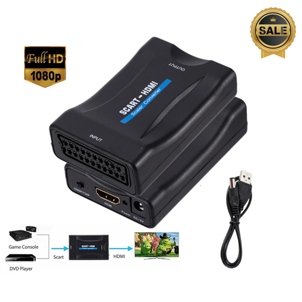 Адаптер преобразователя 1080P SCART в HDMI-совместимый преобразователь видео аудио