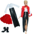 Комплект для куклы Барби, кожаное платье, красное меховое пальто, черная одежда на высоком каблуке, аксессуары для кукол, игровой домик