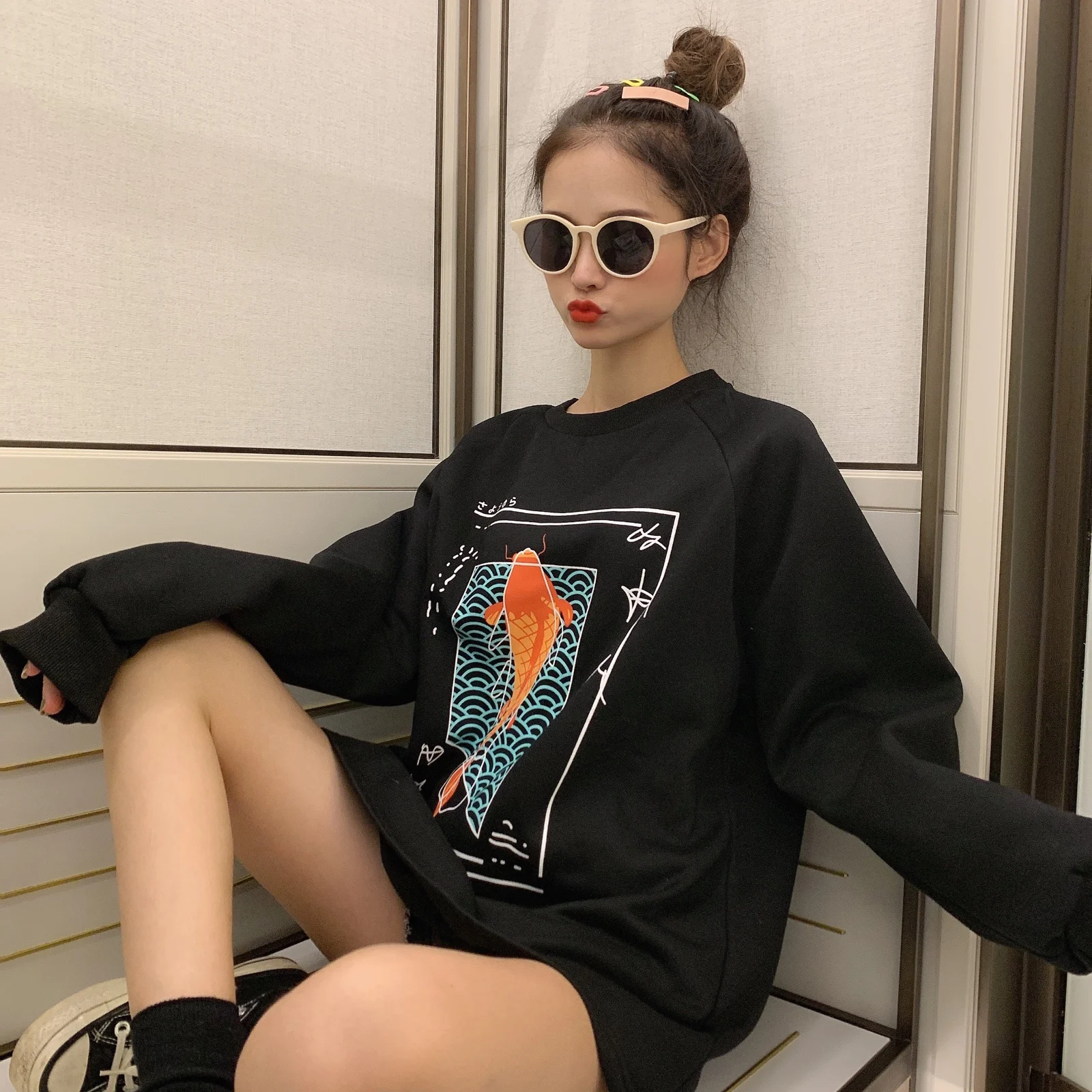 Женские кофты японский Harajuku Ulzzang Koi с длинным рукавом свободный свитер женский