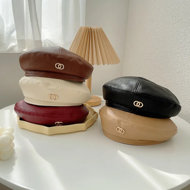Весенняя осенняя мода Pu кожаная беретка для женщин, всегда актуальная ретро-шапочка в форме октагональной тыквы, женская девочка, повседневная шляпка для шопинга художника.