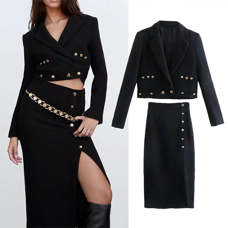 

Женские короткие блейзеры Za, модные черные костюмы с юбкой, твидовый костюм, сексуальная юбка с разрезом, винтажные повседневные костюмы из ...