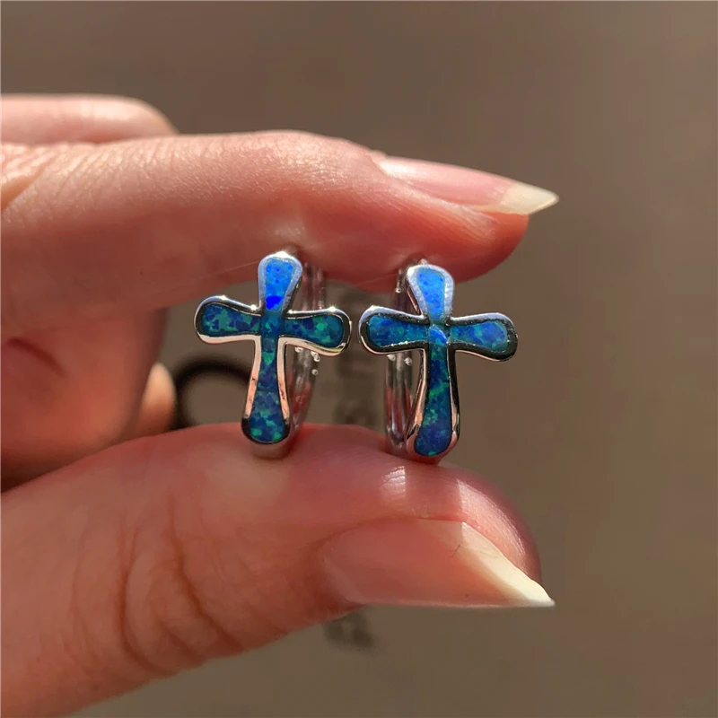 

Vintage Female Small Cross Earrings Charm Silver Color Wedding Hoop Earrings Dainty White Blue Opal Stone Earrings For Women