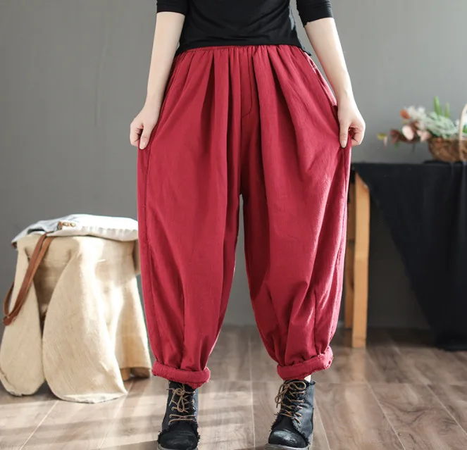 Осень Зима Брюки Ретро женские большие размеры свободные брюки с подкладкой 2019