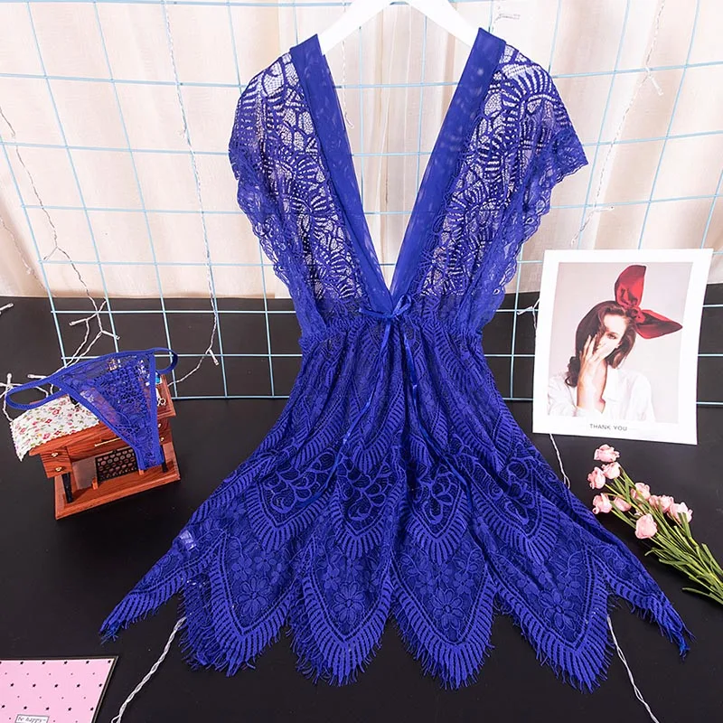 blue Женская пижама, пижамы женские домашняя одежда ночнушка сексуальное кружевное Ночное платье, женское нижнее белье, v-образный вырез, ночная рубашка, свободная Ночная сорочка, прозрачная ночная сорочка, Детская кукла - Цвет: blue