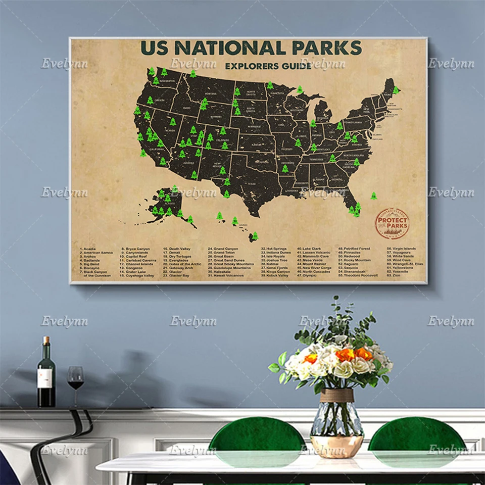 

National Parks Map of the United States Posters, 63 Parks Checklist,Outdoor Hiking Adventure Map Home Decor Canvas Wall Prints