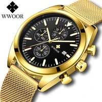 2021 wwoor fashion sports multifunction watches men luxury brand gold steel mesh quartz clock waterproof chronograph wrist watch