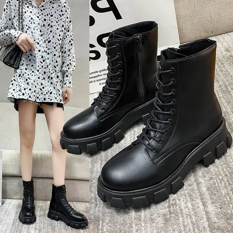 

Women Motorcycle Ankle Boots Wedges Female Lace Up Platforms Spring Leather Oxford Shoes Woman 2021 Botas Mujer