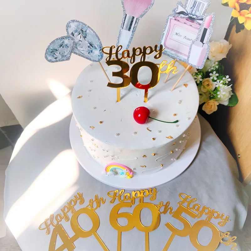 

Топперы для торта Happy 17, 21, 30, 40, 50, 60, из топперы для торта на день рождения акрила, золотистые цифры, на день рождения, украшения для торта для в...