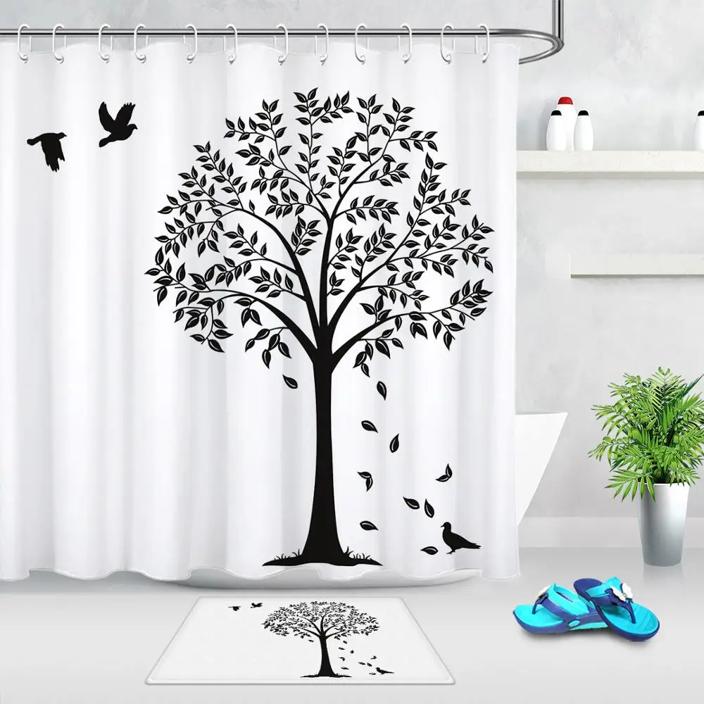 Черно белая занавеска для душа весенний пейзаж дерево птица ванной s коврик