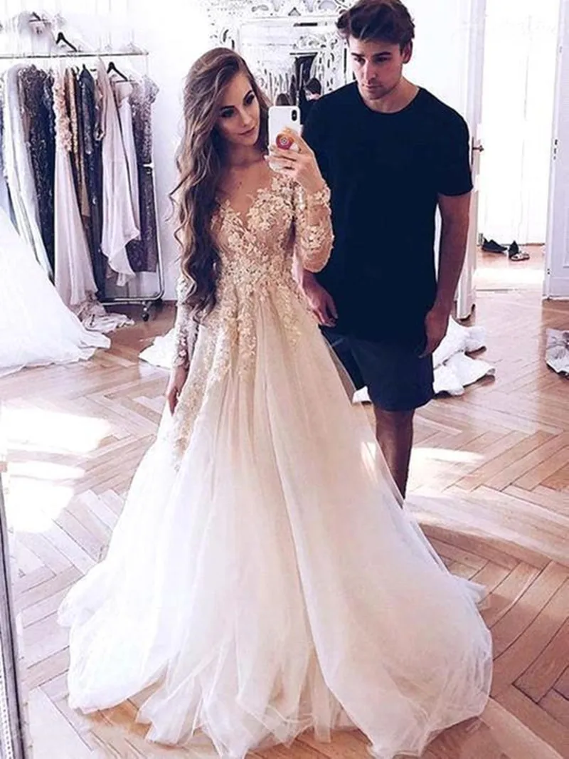 Vestidos De boda románticos De encaje De tul, ilusión Sexy, Vestido De novia De manga larga, Fairy A Line, vestidos De novia