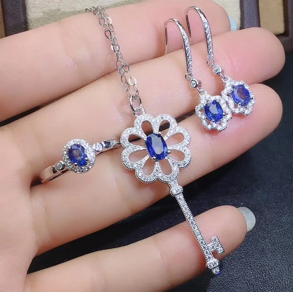 

Набор украшений из серебра кольцо с каплями пробы, женские серьги с подвеской в виде ключа из натурального голубого сапфира в стиле ретро, 925