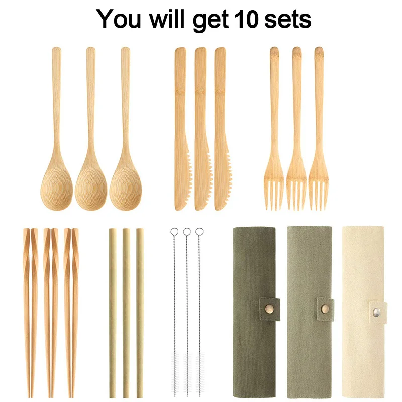 Murah 10 Set Set Sendok Garpu Bambu, Alat Bambu Yang Dapat Digunakan Kembali Termasuk Pisau, Garpu, Sendok, Sumpit, Jerami Yang Dapat Digunakan Kembali Untuk Piknik Perjalanan