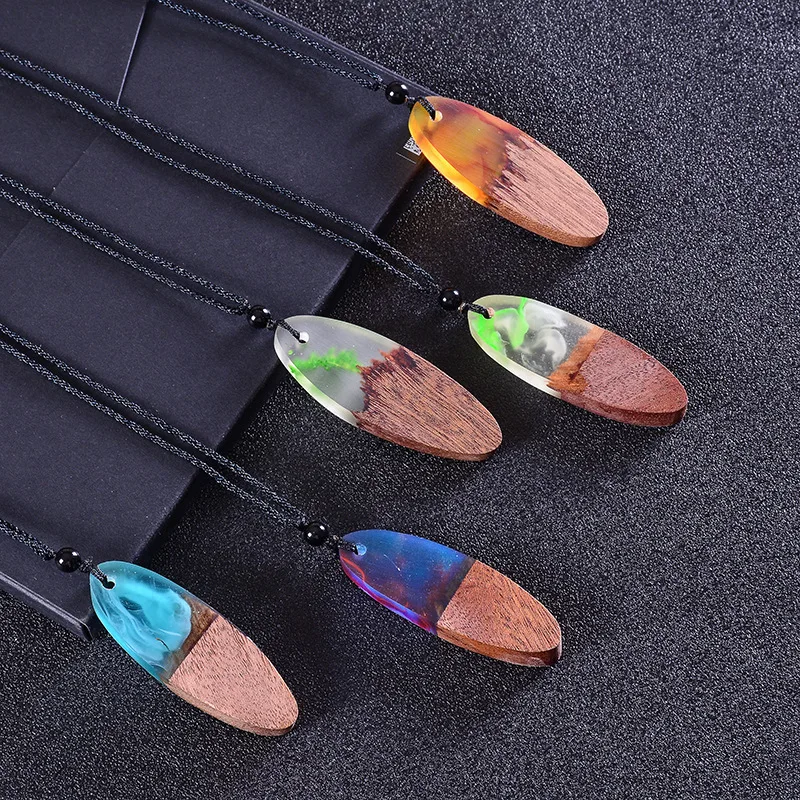 

5 Colors Wood Resin Pendent Necklace For Couple Handmade Woven Rope Chain Men Leaf Necklace Women Lucky Jewelry Birthday Gifts
