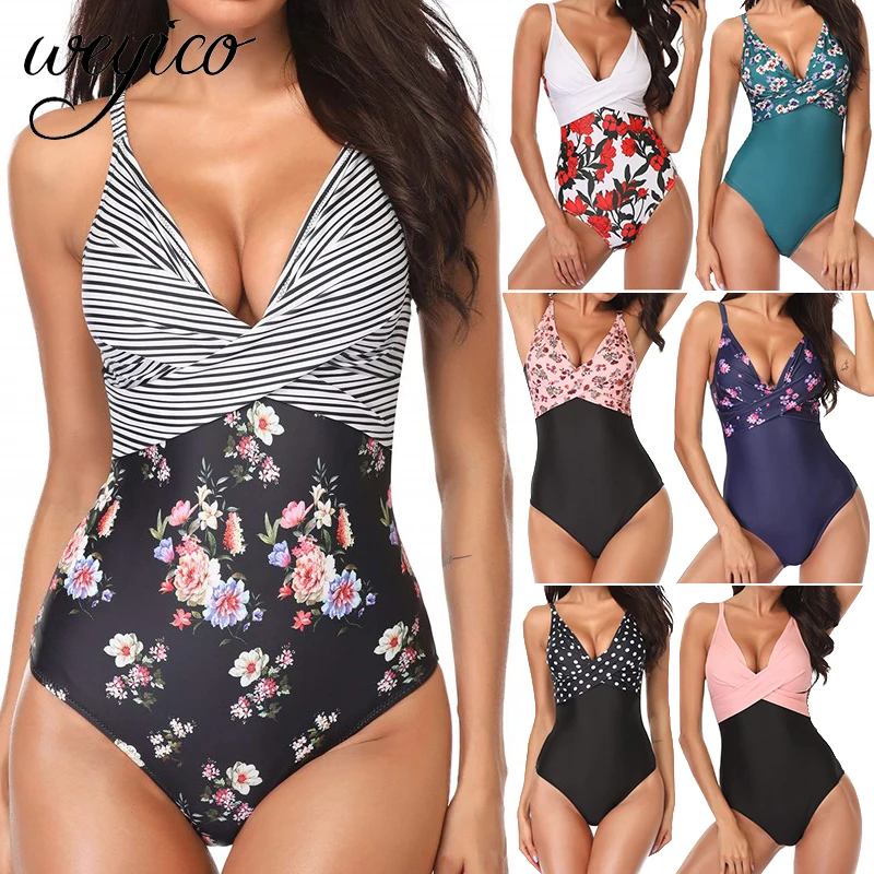 Цельный пикантный женский купальник в горошек пуш ап полосатый цветочный