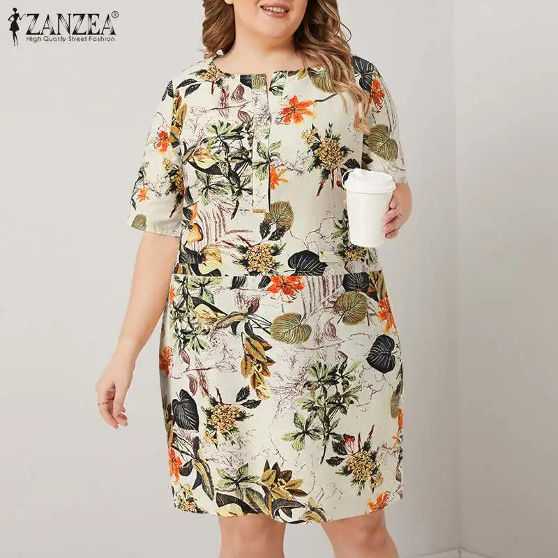 

Women Elegant Short Sleeve O Neck Dress ZANZEA Casual Robe Plus Size Bohemian Kaftan Beach Cotton Summer Floral Printed Sundress