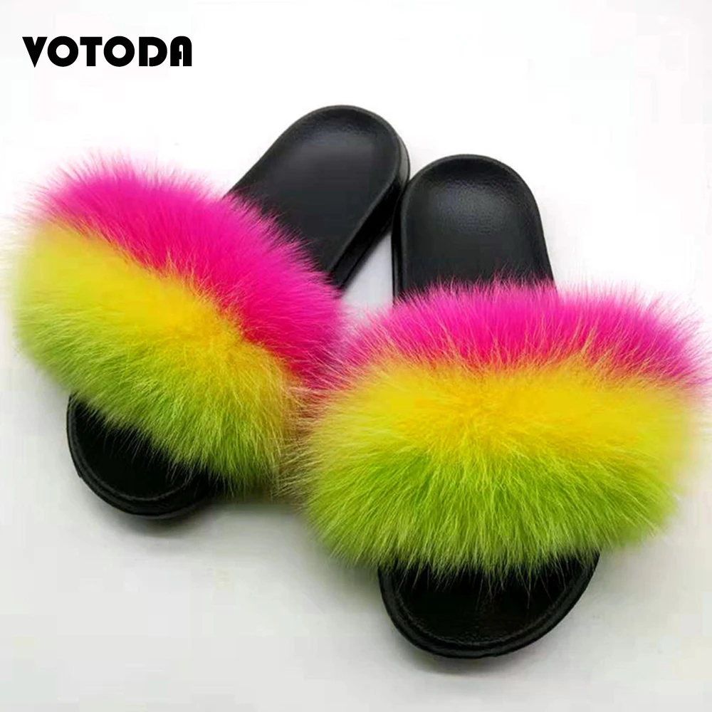 

Шлепанцы женские, из натурального Лисьего меха, плюшевый енот, домашние, повседневные, плоские сандалии женские