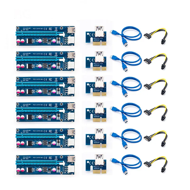 

6 шт., Райзер-карта 006C PCIe PCI-E PCI Express, 1x до 16x, USB 3,0, кабель для передачи данных, адаптер SATA на 6 контактов
