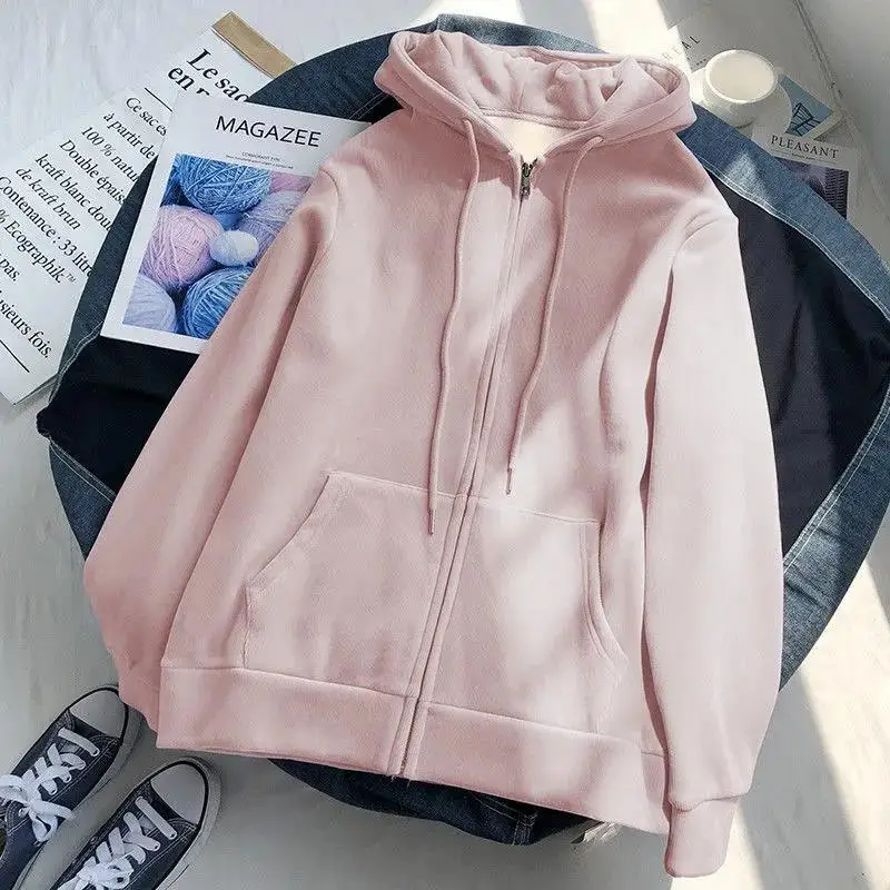 Solid Harajuku Imitation lambswool Soft Warm winter Casual Street Loose Oversized hoodie Zipper Y2K Women sweetshirts grunge Top