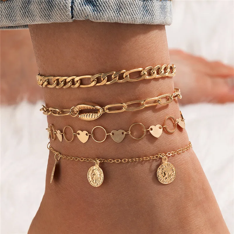 

HI MAN 4Pcs/Set Hip-Hop Rock Mixed Heart Shell Queen Coin Anklet Women Fashion Elegant Birthday Party Jewelry Accessories