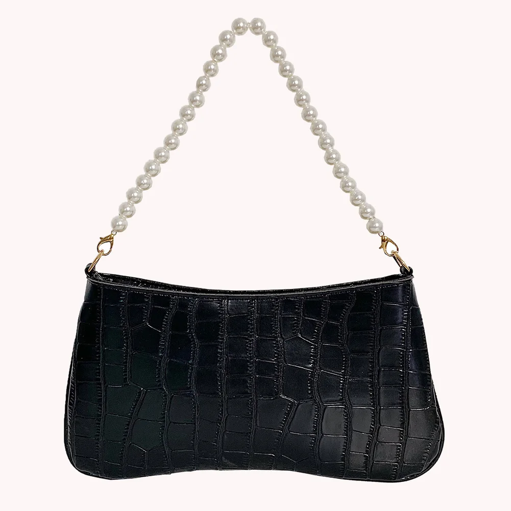 

Fashion Women PU Leather Solid Color Underarm Shoulder Bag Casual Ladies Alligator Pattern Pearl Chain Small Handbags Purse