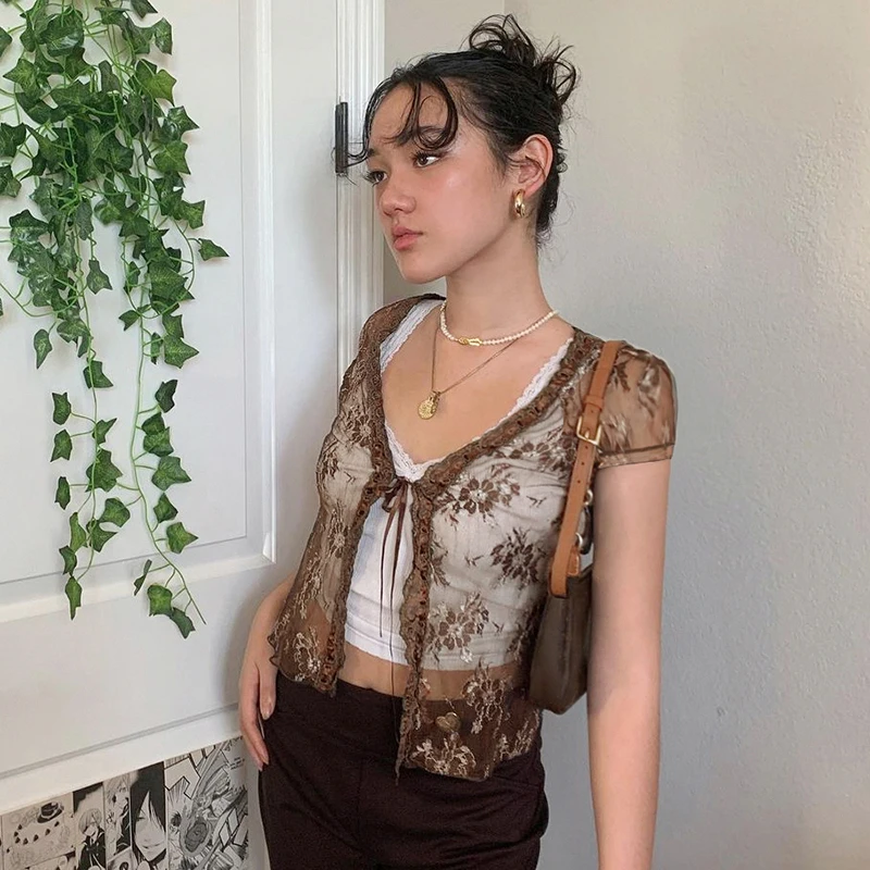 Sweetown Brown Vintage Y2K Lace Crop Top Short Sleeve See Through Sexy Mesh Woman Tshirts V Neck Lace Up Floral Kawaii Clothes