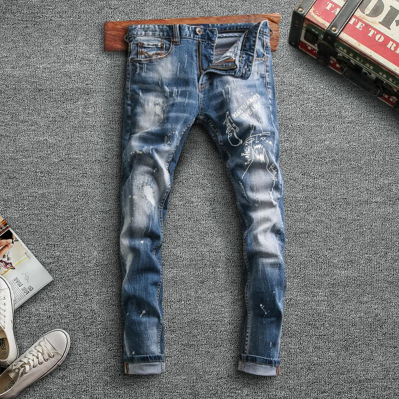 

2021 Streetwear Men Jeans High Quality Retro Blue Elastic Slim Fit Printed Denim Pants Vintage Designer Hip Hop Long Trousers