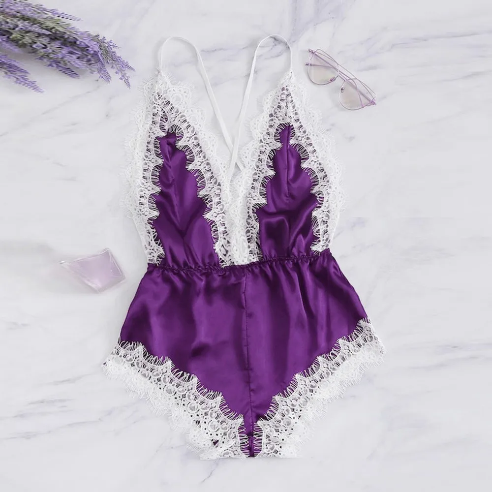 New Fashion Sissy Bodysuits Women Sexy Lingerie Girl V-neck Lace Splice Bodysuit Sleepwear Solid Color Seamless Teddies Latex |