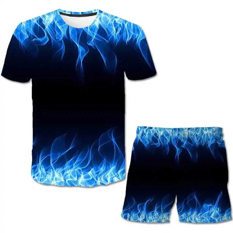 

2021 3D The flame whirlpool polyester Boys Clothes Sets Boy Summer hot sale T shirt short pants Set Clothing Kids 4-14 year