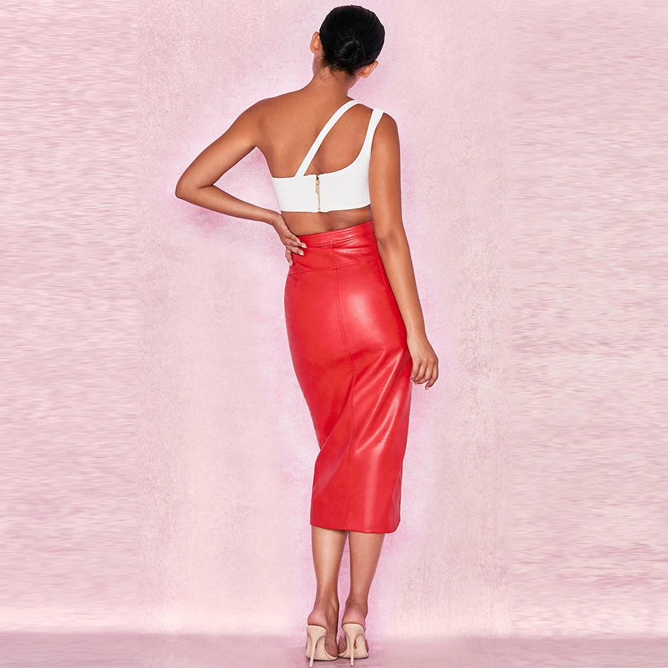 2018 spring 2 piece set of two sets casual white one-shoulder tops and red leather skirt birthday party club women's suit |