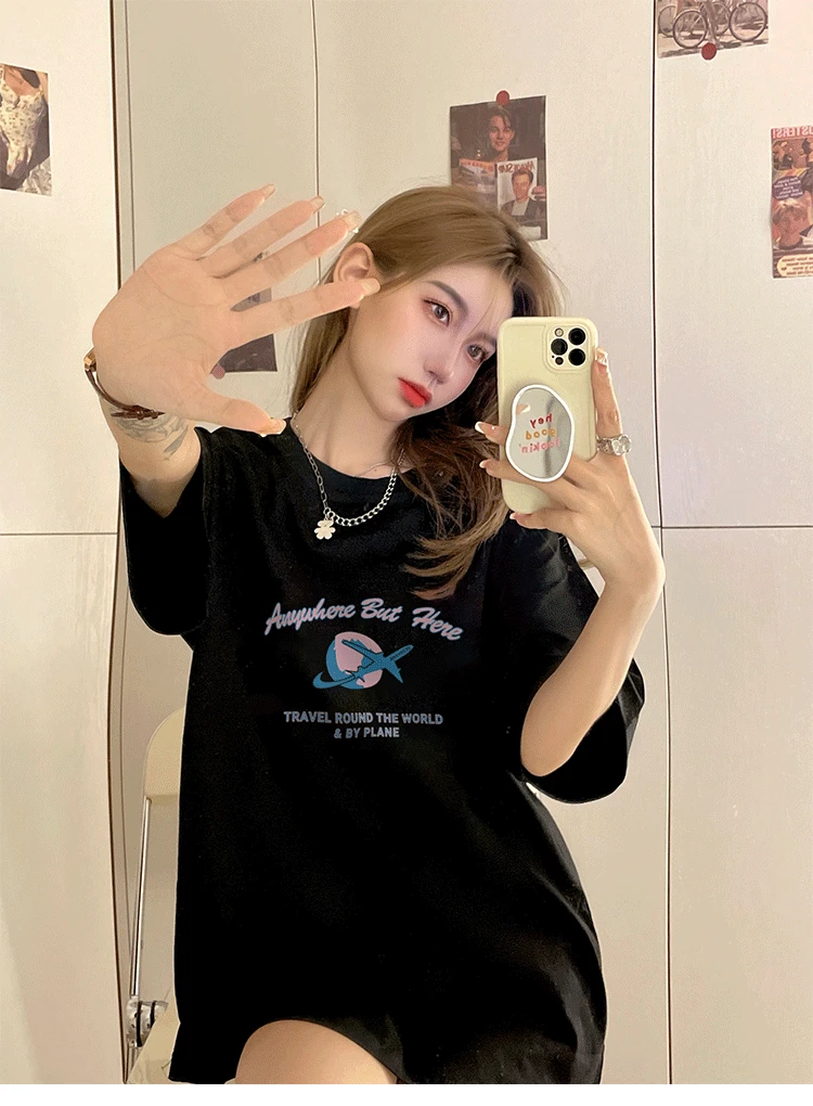 

2415 Korean version of the new mid-length all-match loose cotton short-sleeved T-shirt