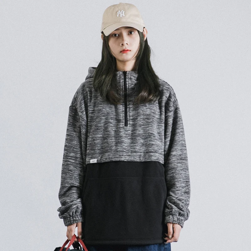 2019 Hip Hop Mens Hoodie Sweatshirt Color Block Harajuku Streetwear Pullover Half-Zip Autumn Winter Fleece Cotton | Мужская одежда