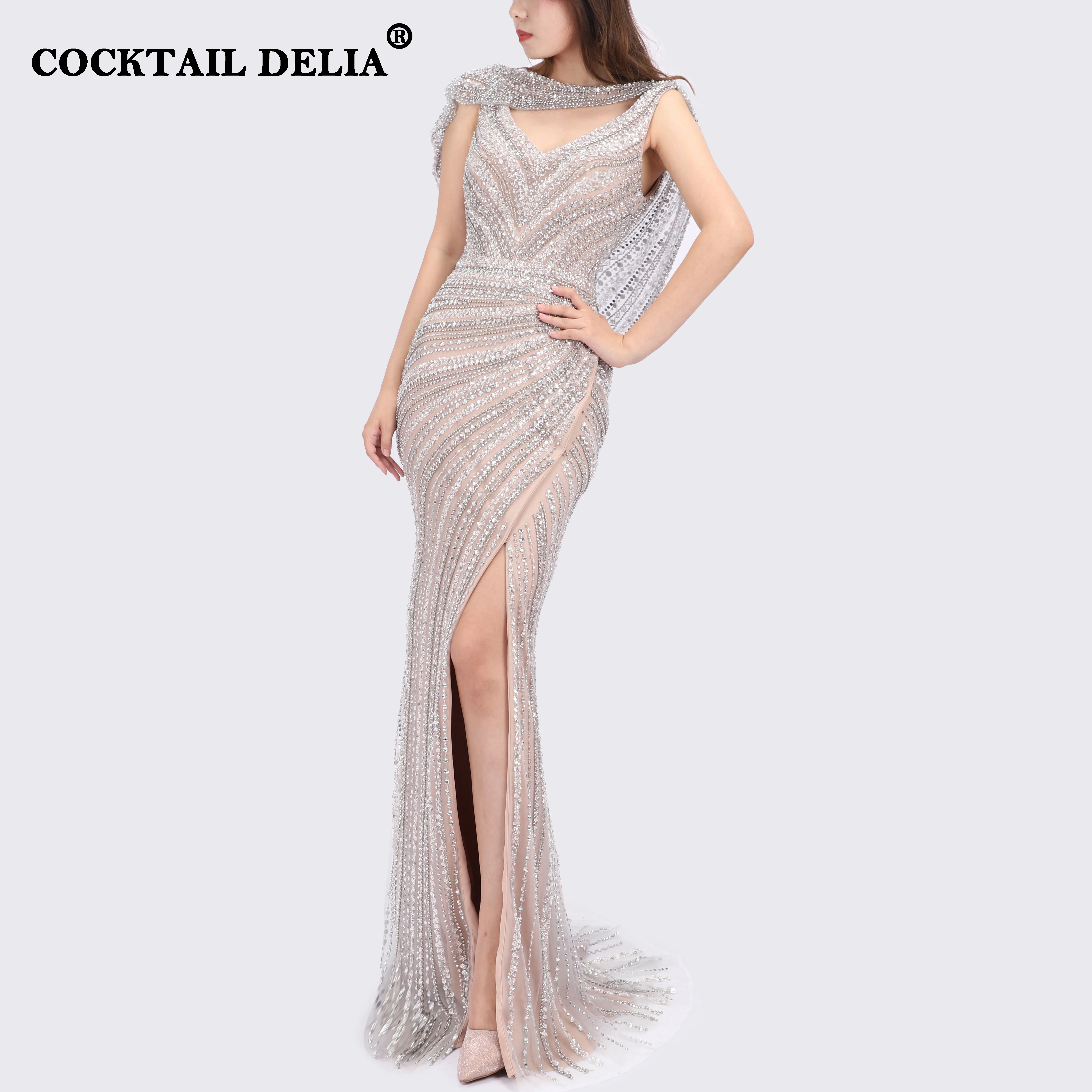 

Silver Women's Wedding Evening Dress Dubai Long Sparkly Beading Mermaid Luxury Prom Dresses 2021 Formal Elegant Gowns Sleeveless