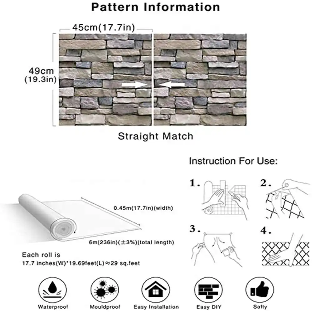 

Stone peeled and pasted wallpaper with detachable contact paper for living room, bedroom, and dining room furnishings