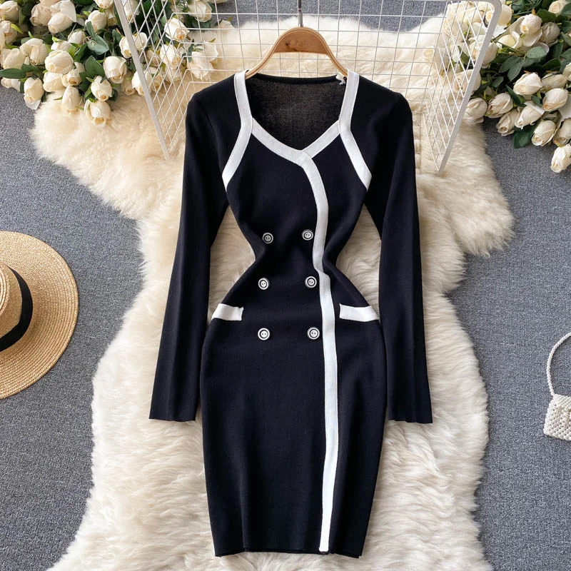 

Elegant Women Knitted Dress Color Match V-neck Long Sleeve Autumn Dress 2021 Fashion Buttons Decoration Mini Bodycon Party Dress