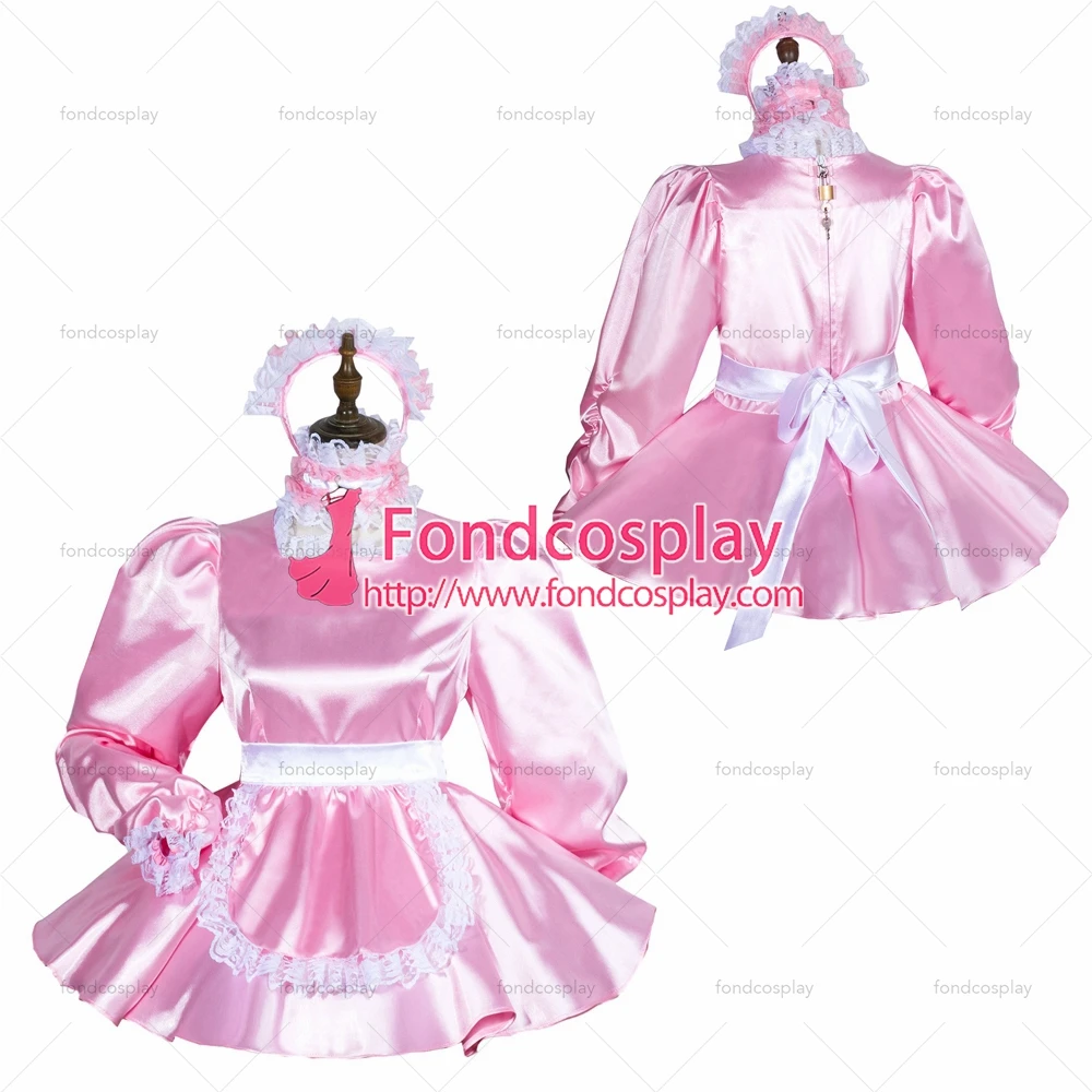 

fondcosplay adult sexy cross dressing sissy maid short baby pink satin dress lockable Uniform apron costume Tailor-made[G3762]