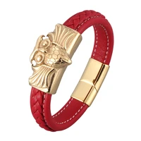 trendy red leather bracelets men owl shape gold stainless steel braided rope wristband for male gift punk rock jewelry pd0919