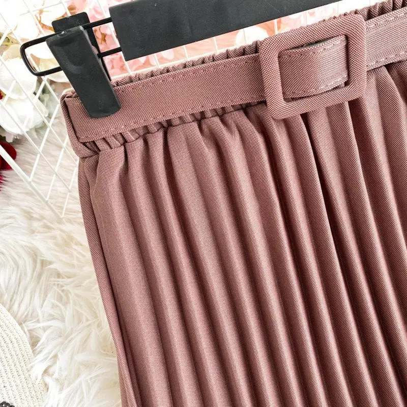 

Fashion Harajuku Chiffon Woman Skirts Elegant Casual High Waist Pleated Skirt Jupe Femme Streetwear Solid Color With Belt Q3329