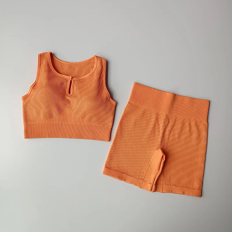 Seamless Women Yoga Set  Gym Clothing Ribbed Workout Set Tracksuits Fitness Sports Bra Top Vest High Waist  Shorts Sports Suits