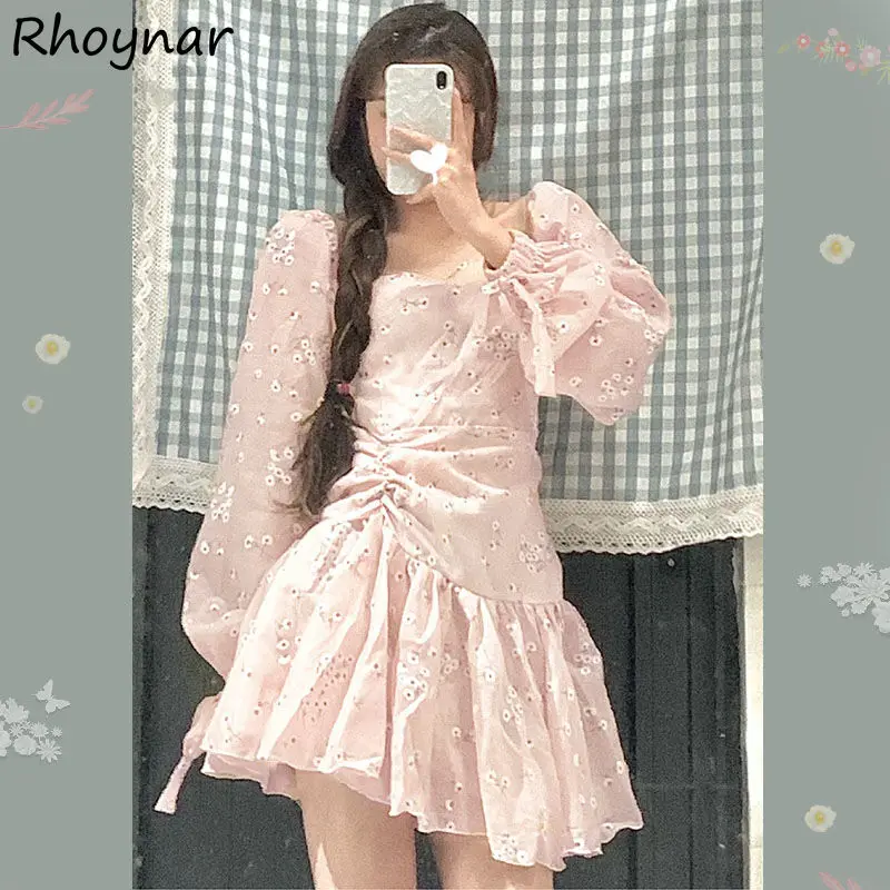 

Long Sleeve Dress Women Sweet Sexy Mini Simple Chic Korean Style Large Size New Shirring Student Soft Tender Leisure S-4XL Daily