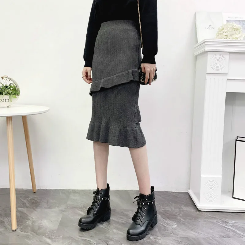 

2021 New Ruffled Women Knitted Skirt High Waist Long A Line Skirts Autumn Winter Thick Warm Midi Skirt Jupe Femme Faldas Y87