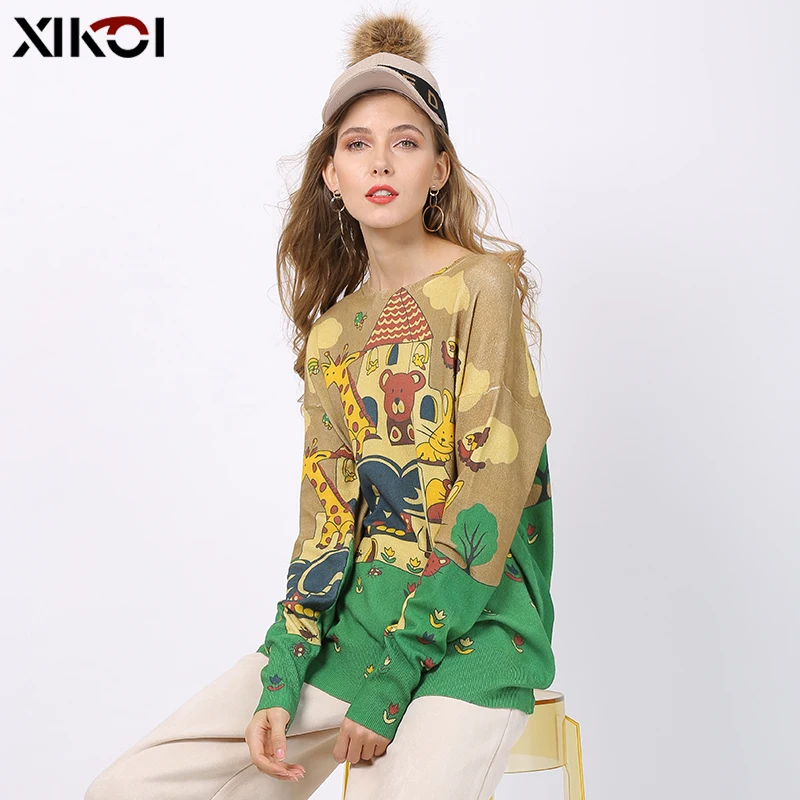 

Женский свитер с длинным рукавом, вязаный пуловер свободного покроя, с мультяшным принтом в виде животных, для весны и осени, 2021