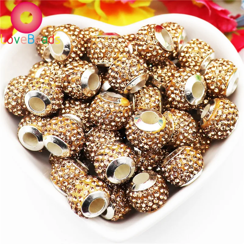 

20Pcs Gold Polymer Clay Crystal Rhinestone Rondelle Spacer Beads Big Hole Round Fit Original European Slider Pandora Bracelet