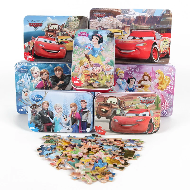 

60 шт./компл. «Холодное сердце» Aisha/и Анна автомобили железная коробка для хранения деревянные головоломки для детей День рождения подарки иг...
