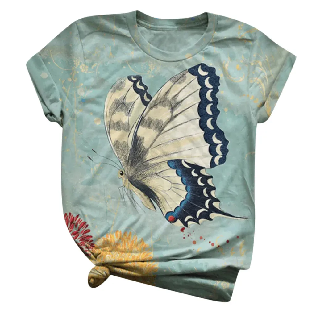 

Блузка для женщин; Большие размеры с короткими рукавами и 3d принтом «бабочка»; О до образный вырез; Футболка Haut Camiseta Топ Harajuku футболка Camisas