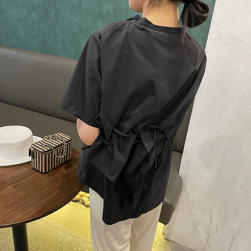 

[EAM] Women Black Drawstring Pleated Casual Big Size T-shirt New Round Neck Short Sleeve Fashion Tide Spring Summer 2021 1DE0096