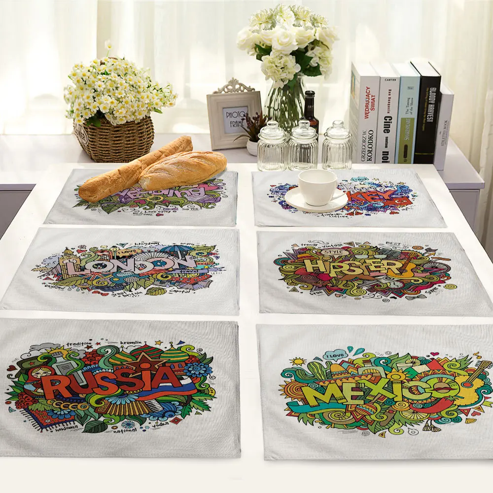 

Cartoon Series Letters Table Mat Cotton Linen Placemat for Dining Table Kitchen Accessories Decoration Home Cup Drink Coasters