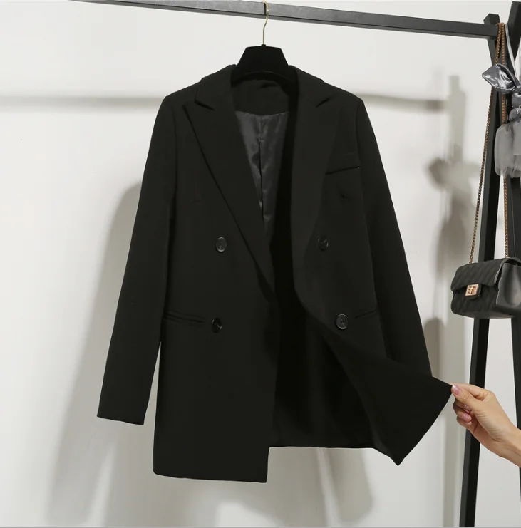 

High Quality Fashion Autumn Winter Notched Double Breasted Jacket Korean Loose Casual Black Women Blazers Jackets Work Wear Coat