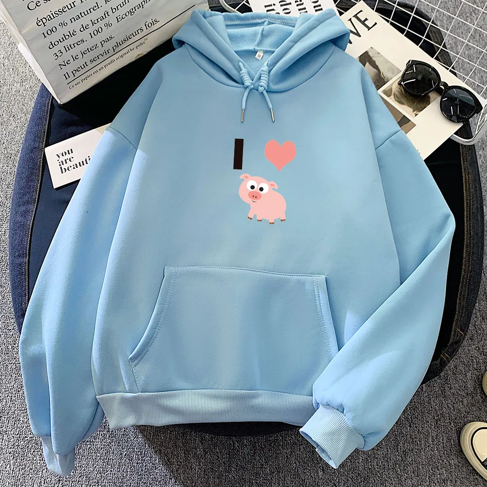 I Love Pig Graphic Hoodies Women Cartoon Print Oversized Harajuku Sweatshirt Long Sleeve Hoodie with Pocket Sweetshirt for Girls