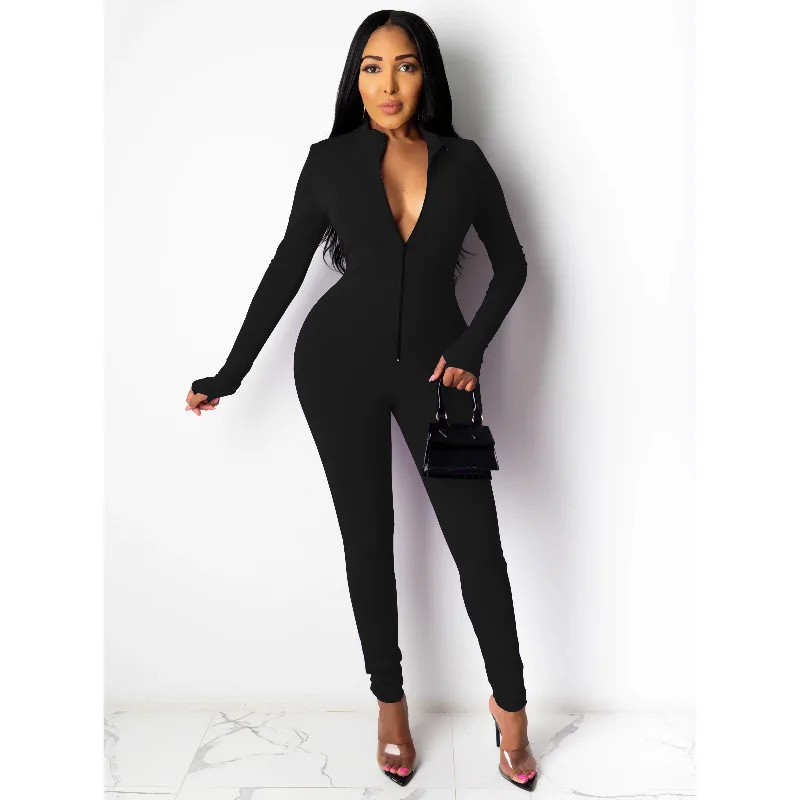 

Женский цельный комбинезон на молнии спереди, женский комбинезон с длинным рукавом, модная уличная одежда, облегающая Клубная одежда с глуб...